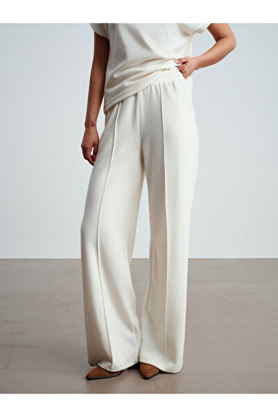 Dilvin 71927 Elastic Waistband Stitching Detail Loose Sweatpants-Ecru
