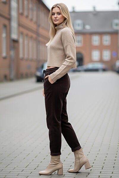 Chiccy Brown Pocketed Elastic and Tie-Waist Jogger Leg Casual Velvet Woven Trousers 100 60