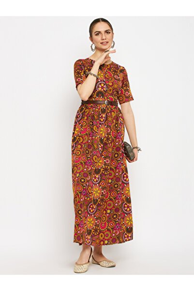 Uptownie By Styli All Over Print Maxi Dress with Belt