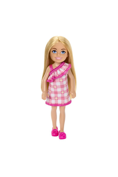 Barbie Chelsea doll, blonde with pink checkered dress