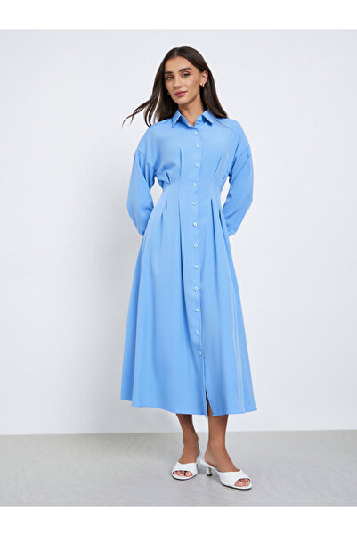Styli Blue Midi Shirt Dress with Fold Pleat