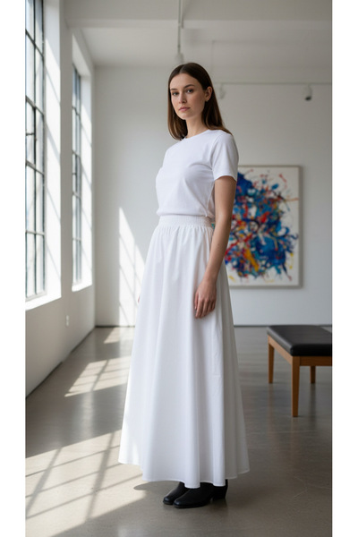 Peja Butik Kadın Beyaz Beli Lastikli Cepli Kloş Etek Poplin Kumaş