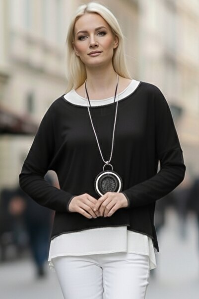 Chiccy Black Pool Collar Long Sleeve Slim Two-Piece Set with Necklace Casual Ov Oversized Riko Blouse 70 74