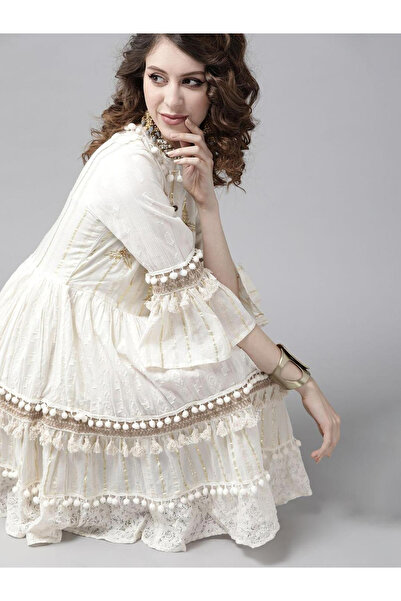 Ishin By Styli Pom Pom Trim Lace Detail Knee Length Dress