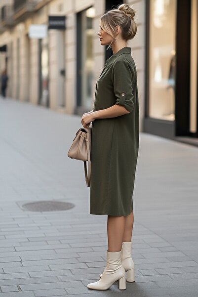 Chiccy Khaki Shirt Collar Buttoned Long Sleeve Pocketed Casual Velvet Woven Dress 105 55