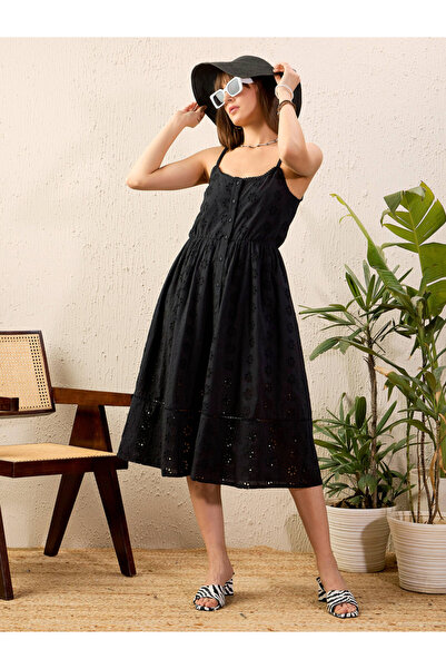 Sassafras By Styli Black Embroidered Strappy Midi Dress