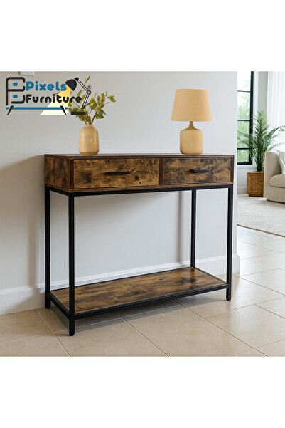 PixelsFurniture Pixel Furniture entry table, console with two drawers and a lower shelf, with a wooden top and versatile metal edges.
