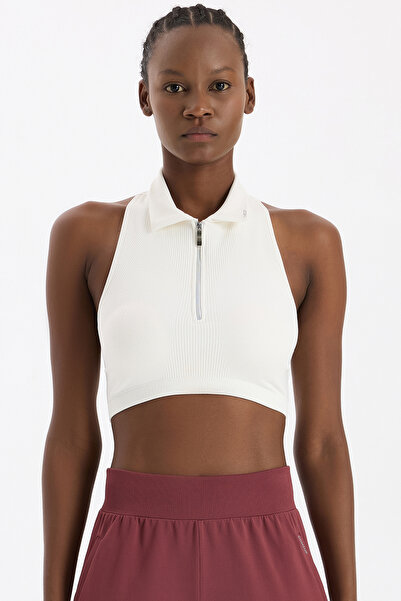 COMEUP Zippered Padded Polo Neck Crop Top Off White
