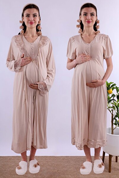 ByLohusa Maternity Maternity Nightgown Set with Effortt Beige Dressing Gowns