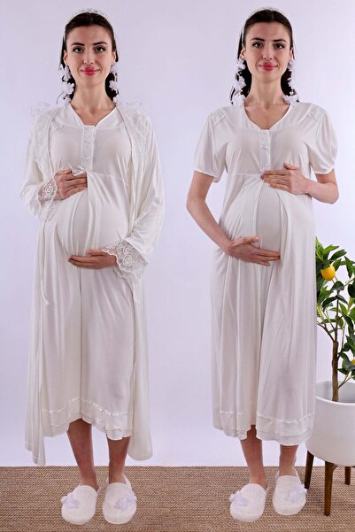 ByLohusa Effortt Ecru Maternity Nightgown Set with Dressing Gown