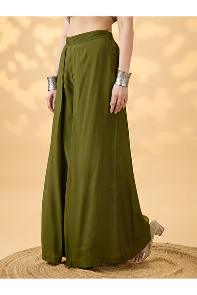 Globus By Styli Olive High Rise Pleated Wide Leg Trousers