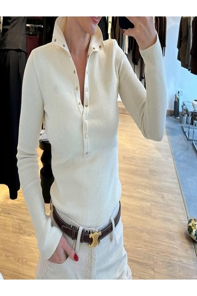 MİRVE BUTİK Stand-Up Collar Buttoned Knitwear Sweater