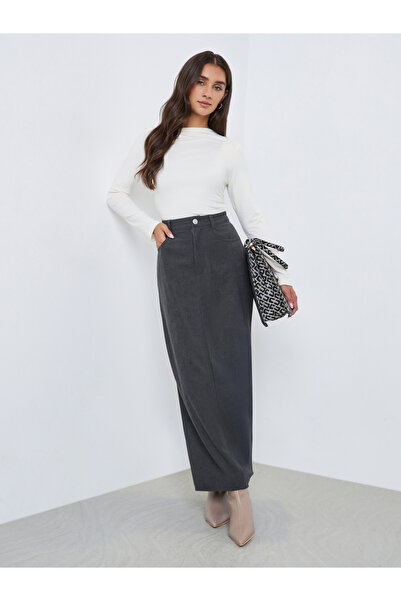 Styli Corduroy Maxi Skirt with Back Slit