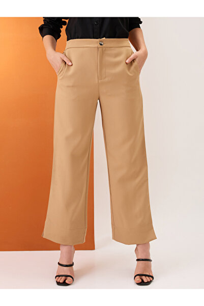 Globus By Styli Khaki Solid Mid-Rise Relaxed Fit Trousers