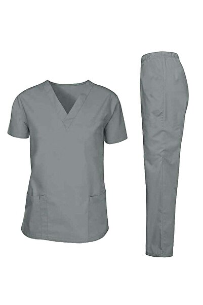 fashion threads زي طبي موحد للجنسين، طقم بدلة ممرضة رمادية اللون، بلوزة وبنطلون
