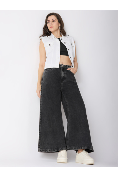 Globus By Styli Charcoal Cotton Mid-Rise Flared Jeans