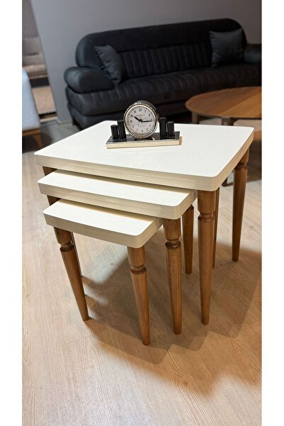 AKSET 3lü Lüx Zigon Sehpa Full Krem Ceviz Ayak