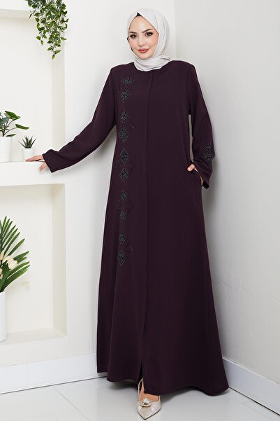 hafsamina Deri İşlemeli Ferace Mürdüm HM2849