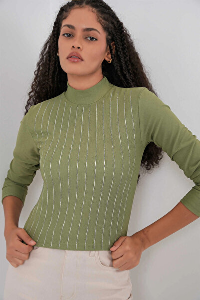 hazelin Women's Çağla Green Half Fisherman Front Stone-Embellished Bodysuit Hzl25W-Bd19221