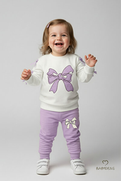 BABYDEN'S Baby Girl 2-Piece Tracksuit Set with Bow, Shoulder Snaps, Side Ribbon Detail, 100% Cotton Transitional Bottom-Top