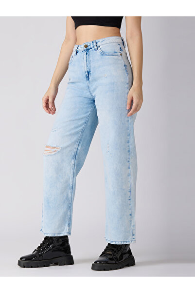 Globus By Styli Light Blue Cotton Distress Wide Leg Jeans
