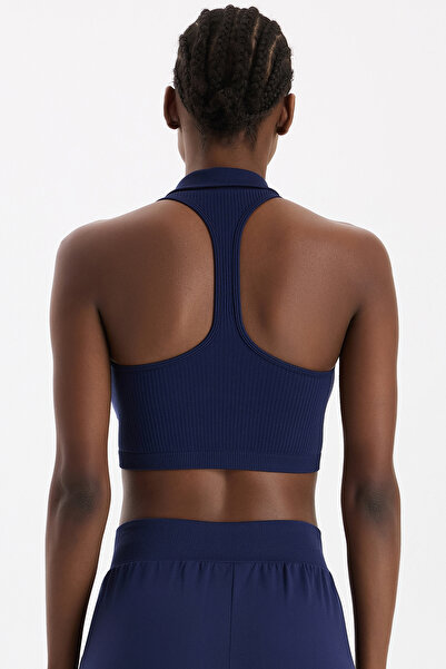 COMEUP Zippered Padded Polo Neck Crop Top Oxford Blue