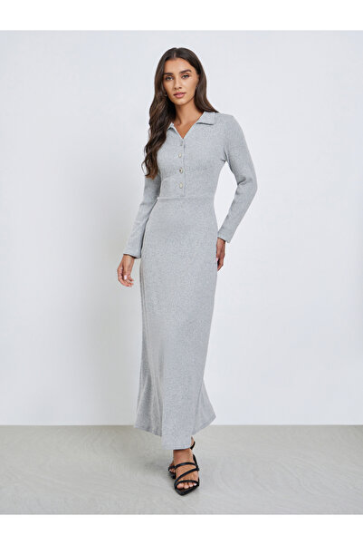 Styli Grey Open Collar Ribbed Maxi Dress