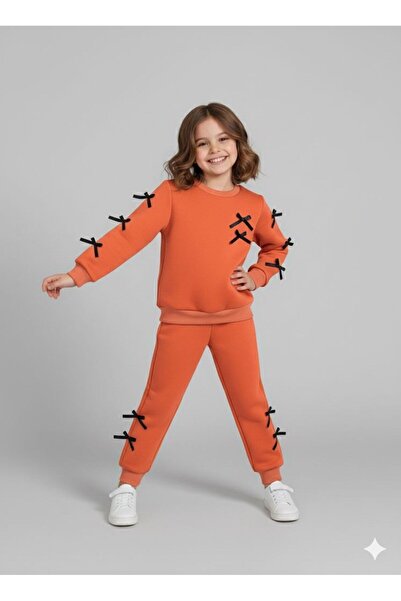 lorio kids Girl's Sweatshirt - Pants Bow Detail Tracksuit Set Comfortable and Stylish