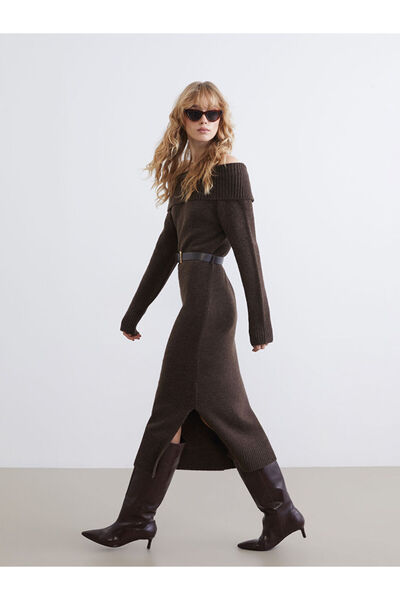 LC Waikiki Mg Trend'En Brown Boat Neck Belted Knitwear Dress