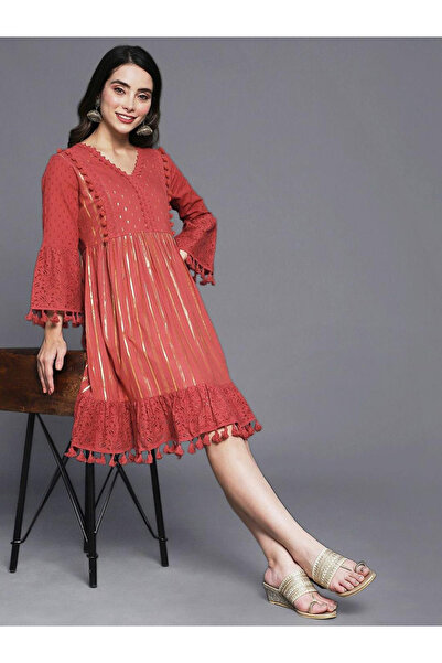 Ishin By Styli Tassel Trim Lace Insert Mini Dress