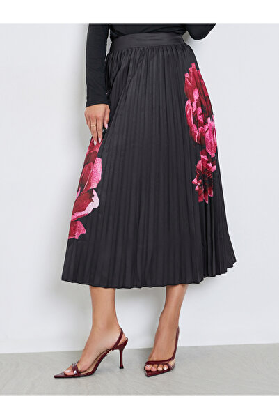 Styli Black Floral Print Pleated Midi Skirt