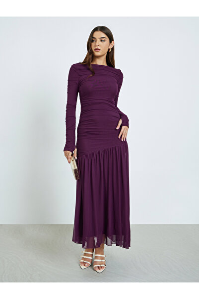 Styli فستان ماكسي أرجواني بكشكشة وحاشية شبكية