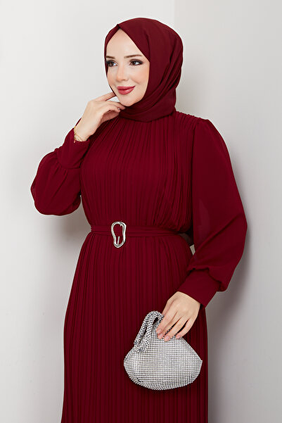 modapark.ist Women's Belt Detailed Chiffon Evening Dress