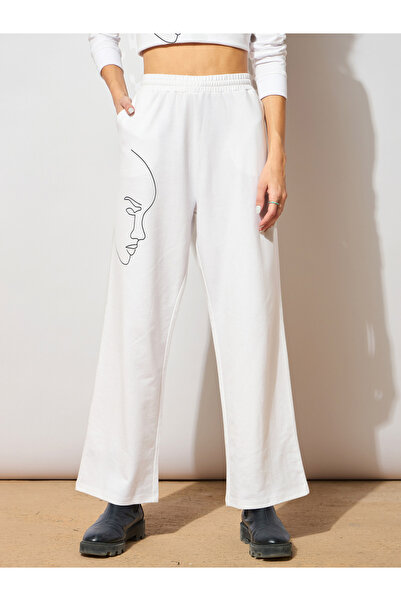 Sassafras By Styli Women White Line Art Print Terry Wide Leg Pants