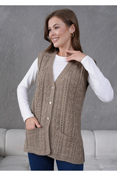 Stilmony Women's Knitwear Lace-Like Knit Mother's Wool Vest with Pocket Detail