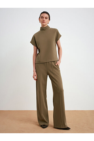 Dilvin 32148 Mock Neck Knitted Top-Light Khaki