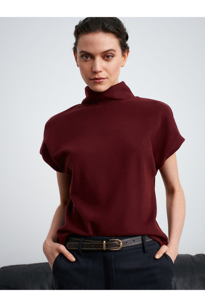 Dilvin 32148 Mock Neck Knitted Top-Burgundy