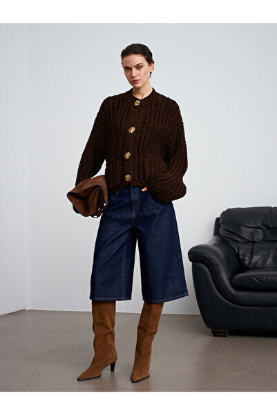 Dilvin 60960 Pocket Detailed Knitted Sweater Cardigan-Dark Brown