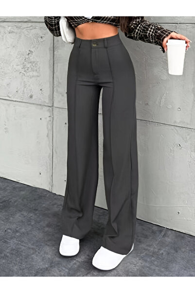 Take Two By Styli Grey Solid Wide Leg Trousers