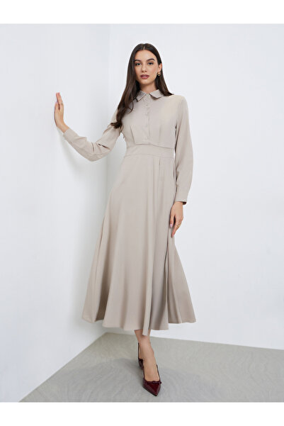 Styli Beige Shirt A-Line Midi Dress