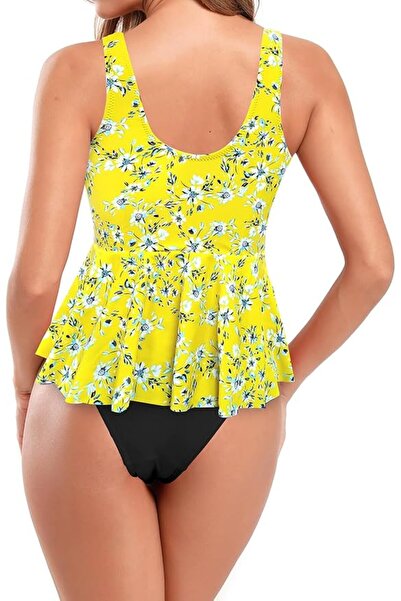 Dotail SHEKINI women's swimsuit, size L, 2 pieces, V-neck, floral pattern, yellow and black