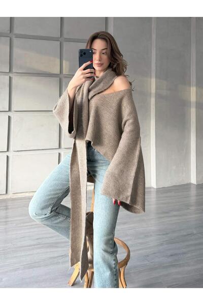 Coral Şal Detaylı Kazak 4596 Vizon