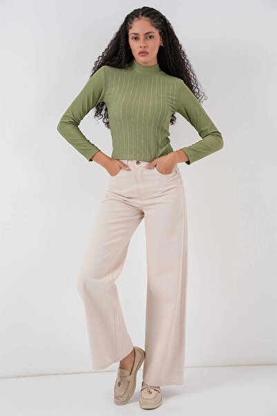 hazelin Women's Çağla Green Half Fisherman Front Stone-Embellished Bodysuit Hzl25W-Bd19221