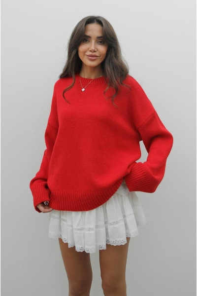 My Blog Red Crew Neck Solid Color Sweater - 2217