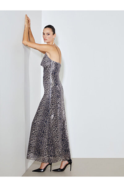 LC Waikiki Καφέ φόρεμα με λαιμόκοψη V και παγιέτες, σετ Λεοπάρ μοτίβο τεμαχίων