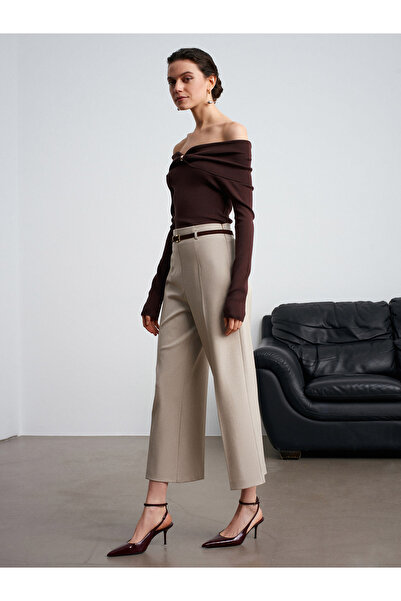 Dilvin 71276 Side Zippered Belted Fabric Trousers-Stone