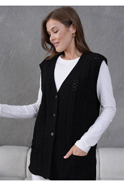 Stilmony Women's Knitwear Lace-Like Knit Mother's Wool Vest with Pocket Detail