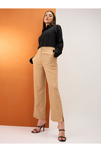 Globus By Styli Khaki Solid Mid-Rise Relaxed Fit Trousers