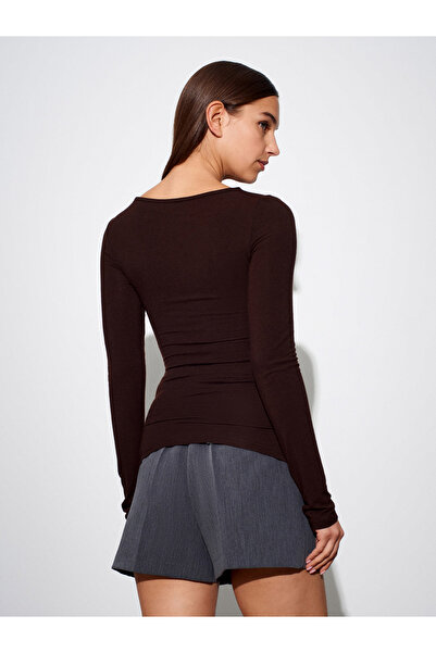 Dilvin 32325 Wool Blend Boat Neck Top - Dark Brown