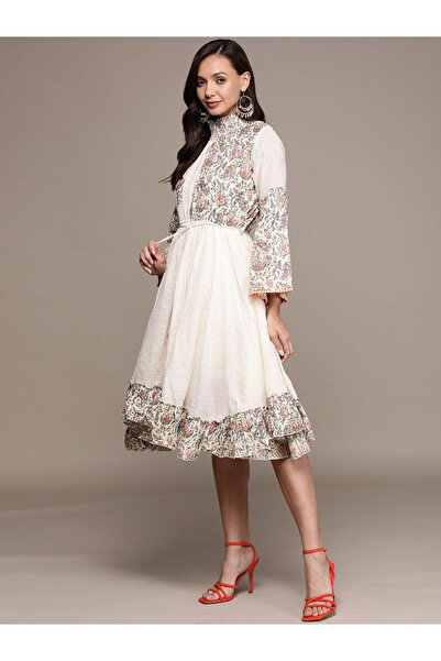 Ishin By Styli Printed Panel Dobby Knee Length Dress